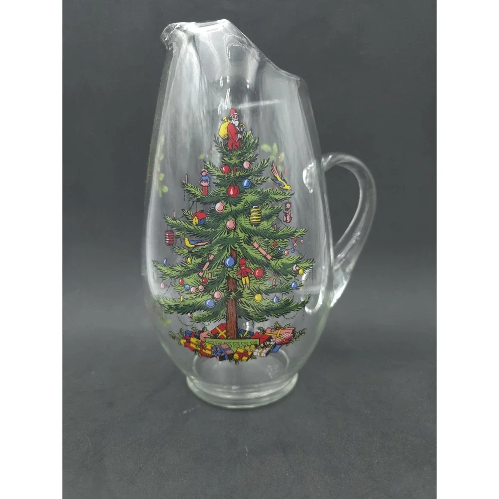 Vintage Spode Christmas Tree Clear Glass Water Pitcher Ice‎ Lip Original Box